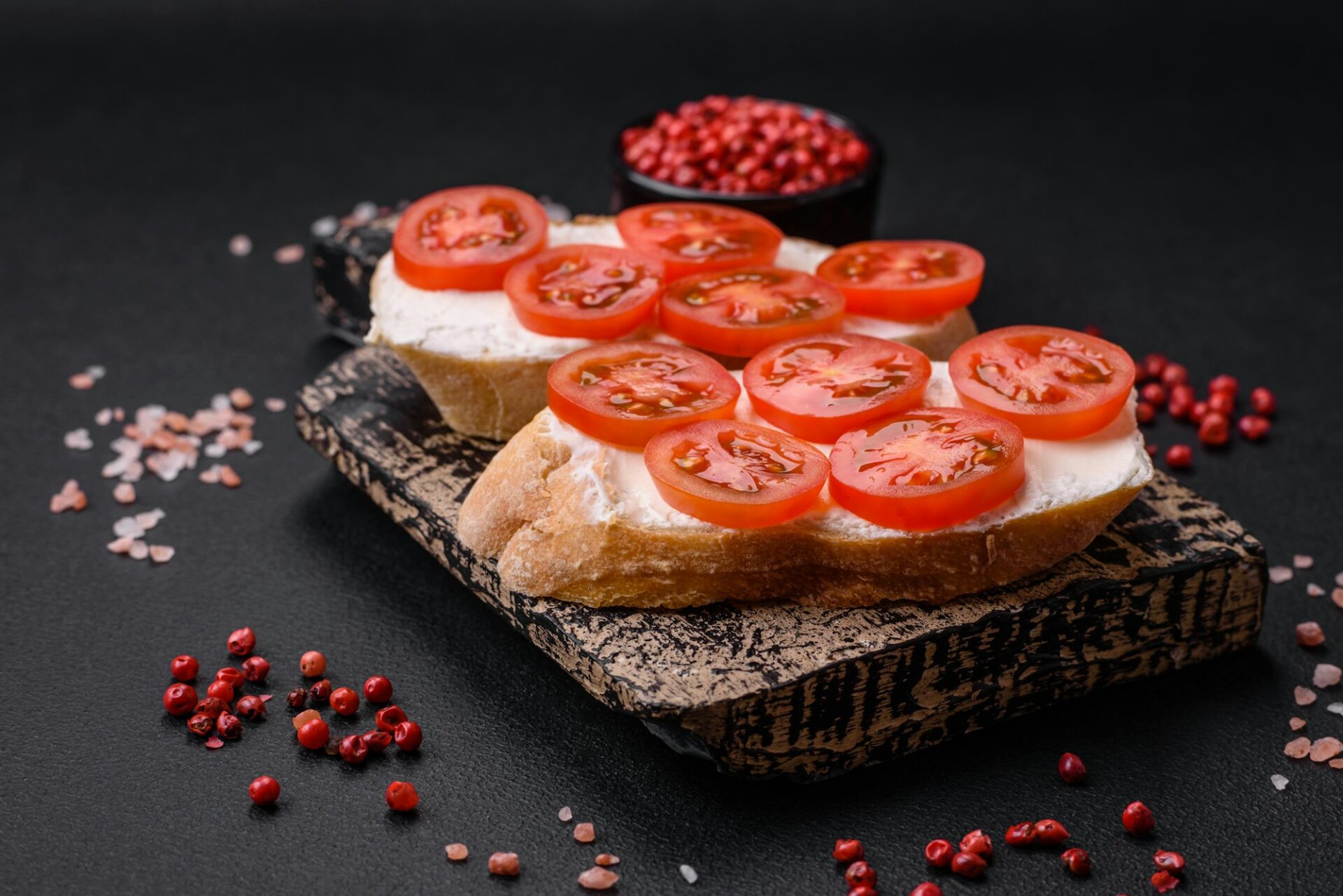 Délicieux toasts grillés croustillants avec du fromage et des tomates cerises sur fond de béton foncé